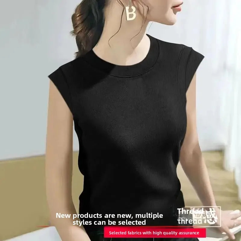 Summer Ice Silk Loose Fashionable Simple Pure Color round Neck Fly Sleeve T Shirt Women Short Sleeve Simple Style Crew Neck