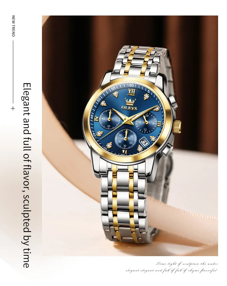 Relógio feminino Olevs de luxo quartzo a prova de agua calendário de pontos elegantes em estilo diamante