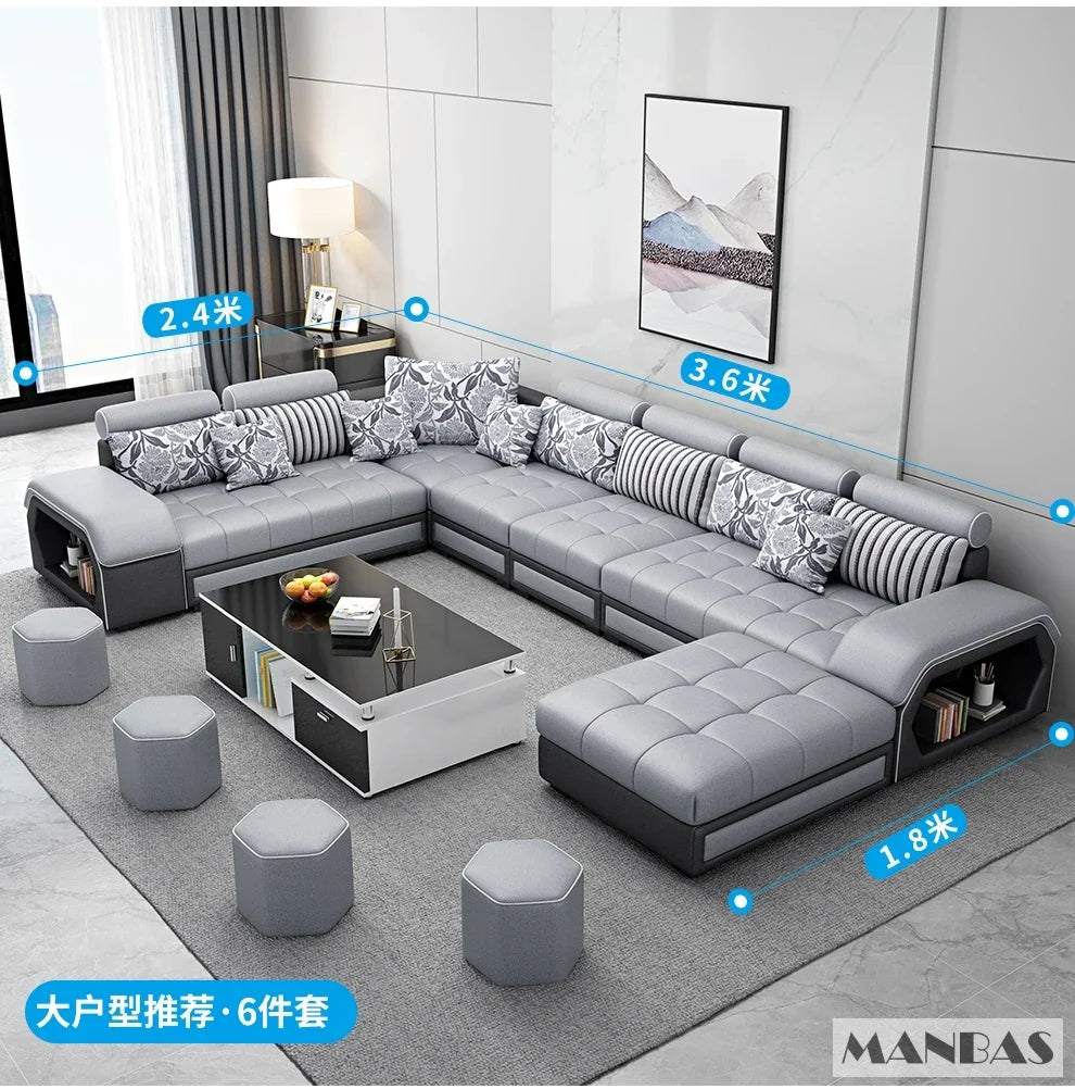 Linlamim Fabric Sofa Set Furniture Living Room Sofa Set with USB and Stools / Big U Shape Cloth Couch Sofas for Home Furniture