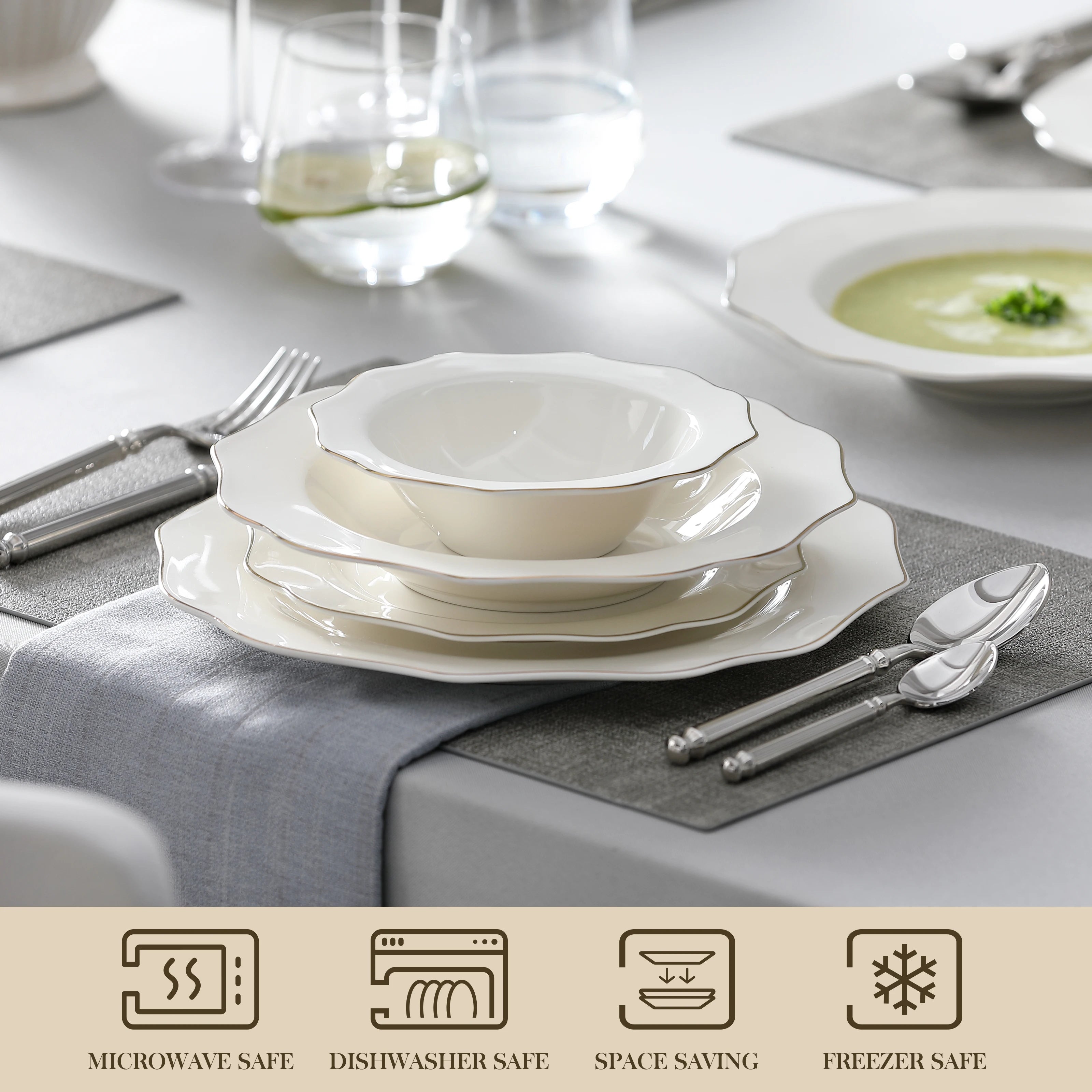 MALACASA LOTUS 16/32-Piece Nordic European White Porcelain Tableware Set with Bowl, Dinner, Dessert & Soup Plate Set for 4/8