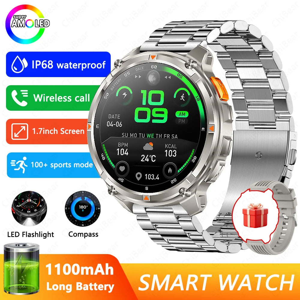 Novo Smartwatch T-Rex3 Pro 2026 – Bateria de 1100mAh, GPS com rastreamento de rota, Resistência à água 5ATM, Monitoramento de esportes e corrida, Bússola, Estilo militar