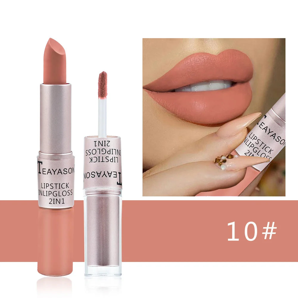 Lápiz labial mate aterciopelado de larga duración, brillo labial de doble cabezal, taza antiadherente, brillo labial, tinte voluminizador, lápiz labial resistente al agua, maquillaje