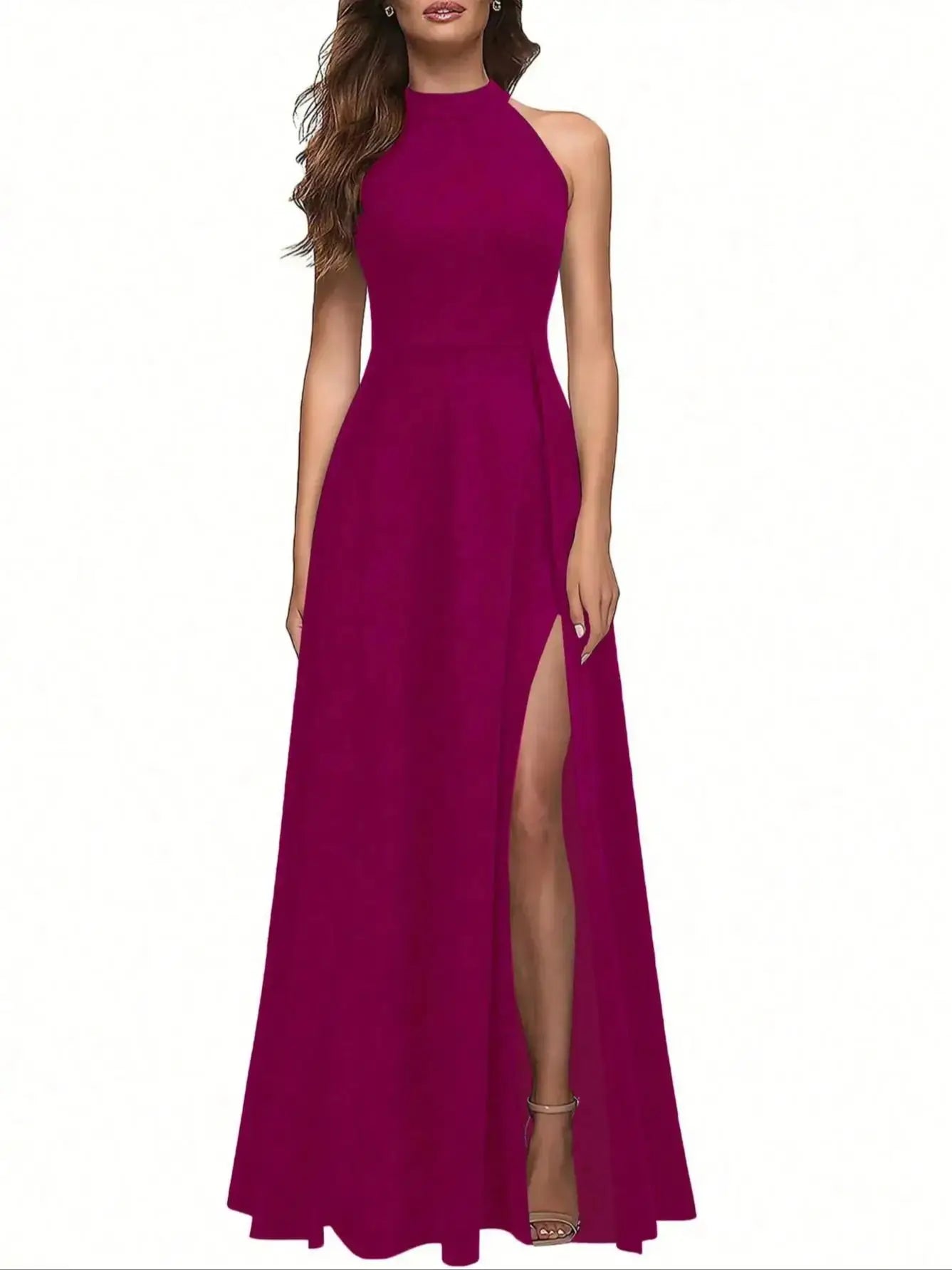 Solid Color High Neck Side Slit Long Evening Gown for Women - Slimming Elegant Formal Dress for Banquets and Parties