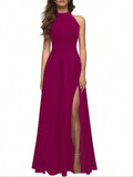 Solid Color High Neck Side Slit Long Evening Gown for Women - Slimming Elegant Formal Dress for Banquets and Parties