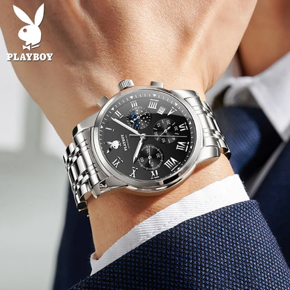 PLAYBOY Best Selling Fashion Luxury Quartz Watch for Men Original Stainless Steel Multifunction Waterproof Men's Wrist Watches