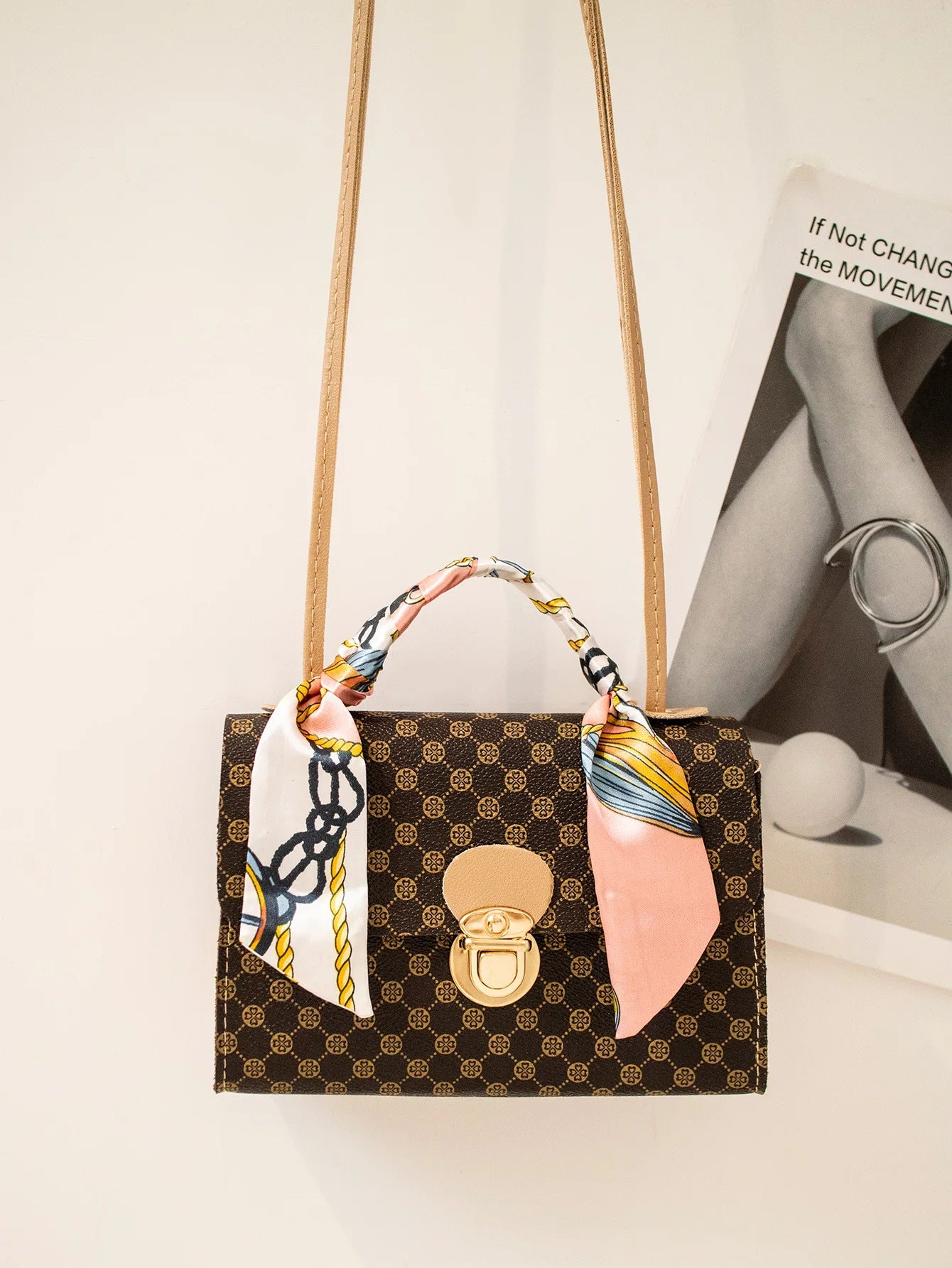 Casual Versatile Floral Print Shoulder Bag Simple Design Silk Scarf Handbag Fresh Sweet Style PVC Material Small Square Bag