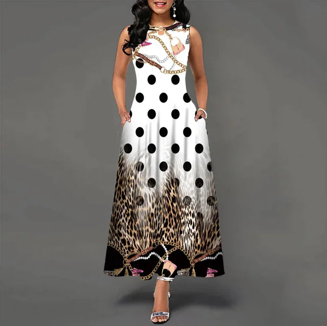 Women's V-neck Sleeveless Long Dress Retro Bohemian Dresses Floral Print Swing Casual New 