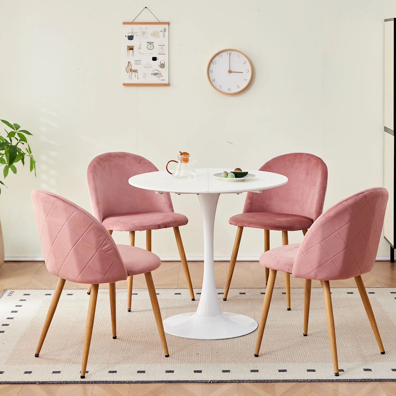 A Set of 4 Dining Chairs With Soft Velvet and Metal Legs, Suitable for Kitchen, Dining Room, Living Room, Lounge (Pink/Green/Blue)