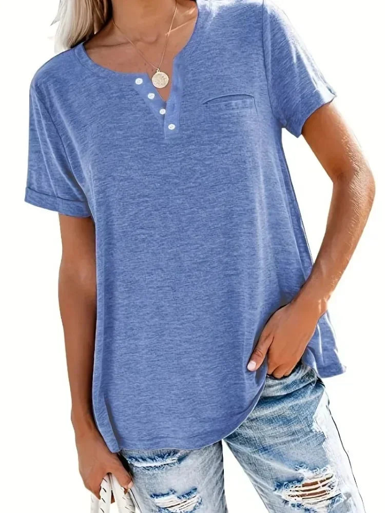 Plus size 1xl-8xl feminino solto topos senhoras casual com decote em v manga curta bolso camiseta primavera e verão novo estilo