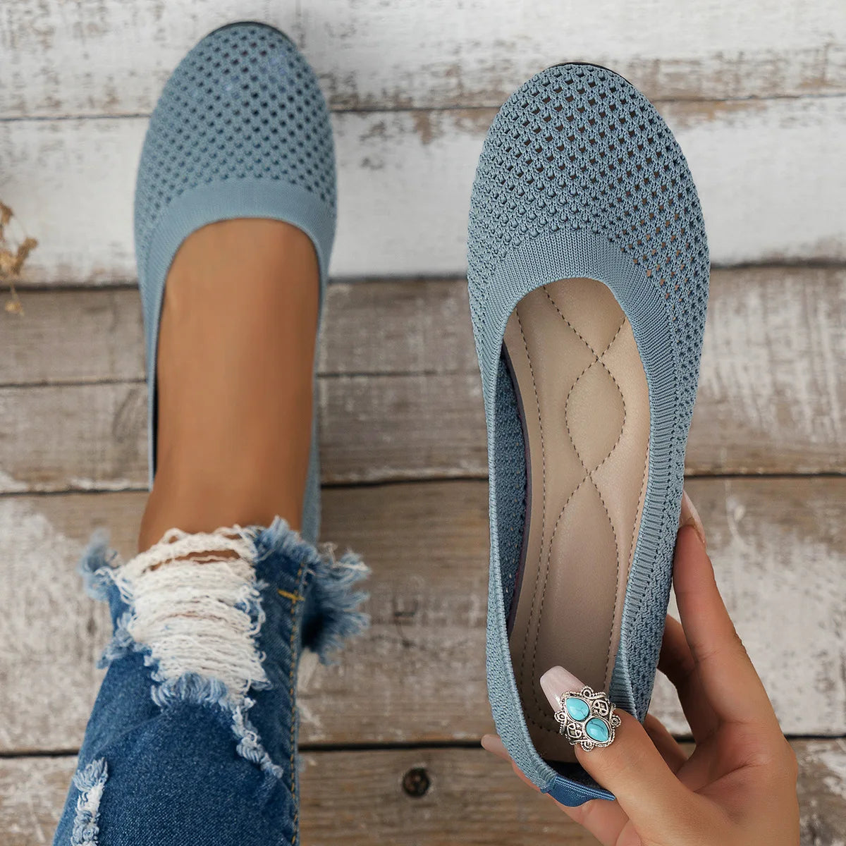 Cross-Border New Solid Color Round Toe Feizhi Flat Ballet Flats Women Casual Breathable Knit Slip-On Work Shoes