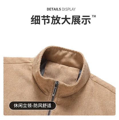 2024 Men's Casual Warm Jacket Spring Autumn Solid Color Stand Bomber Coat Men Corduroy Outwear Fashion Zipper Slim Jacket Men
