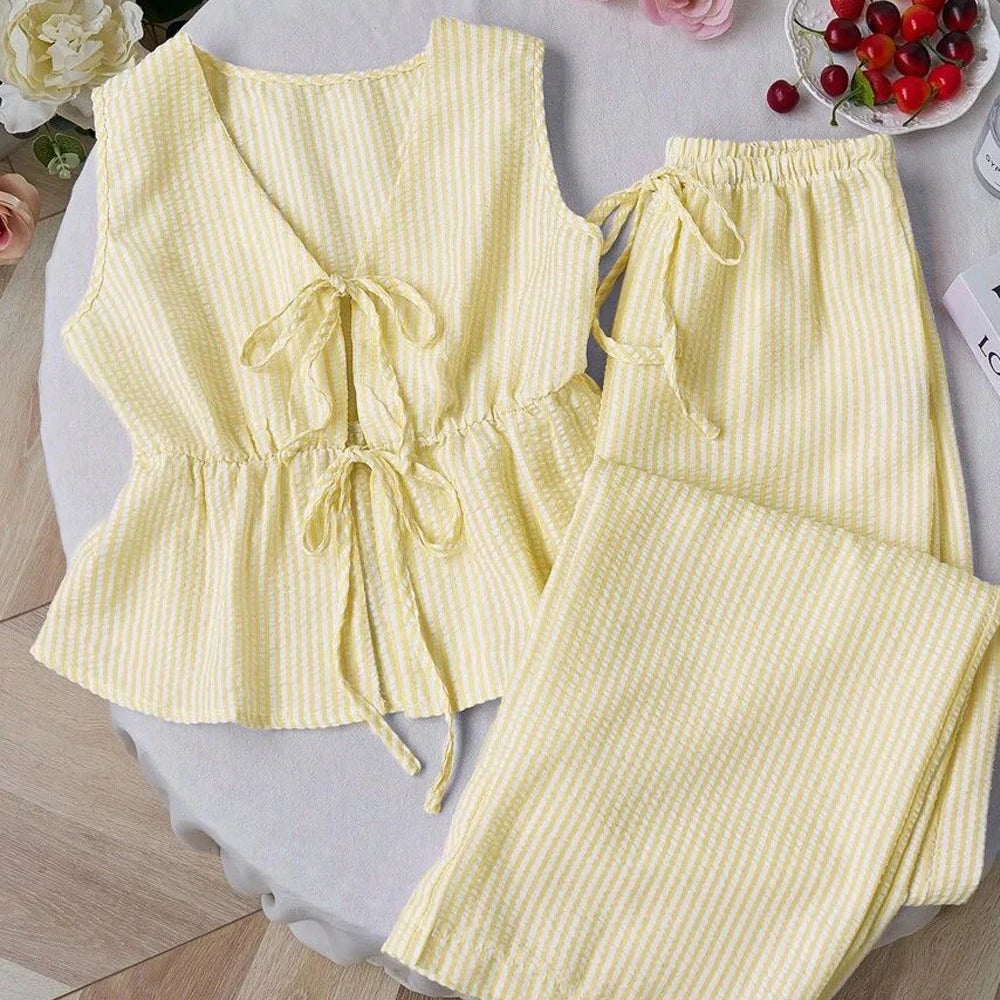 Women's Sets Two 2pcs Sale Summer V Neck Sleeveless Lace Up Vests&High Elastic Waist Striped Wide Leg Pant Suits OUYW-25014