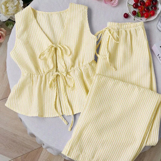 Women's Sets Two 2pcs Sale Summer V Neck Sleeveless Lace Up Vests&High Elastic Waist Striped Wide Leg Pant Suits OUYW-25014