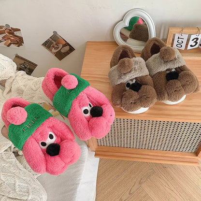 2024 New Cute Cartoon Dog Indoor Slippers For Woman Men Winter Warm Shoes Soft Plush Lovely Style Couples Home Floor Slipper