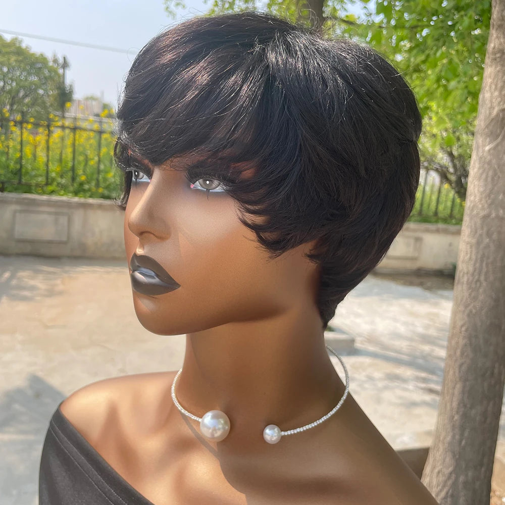 Short Pixie Cut Human Hair Wig for Black Women, Machine-Made Wigs with Bangs, Short Human Hair Wigs