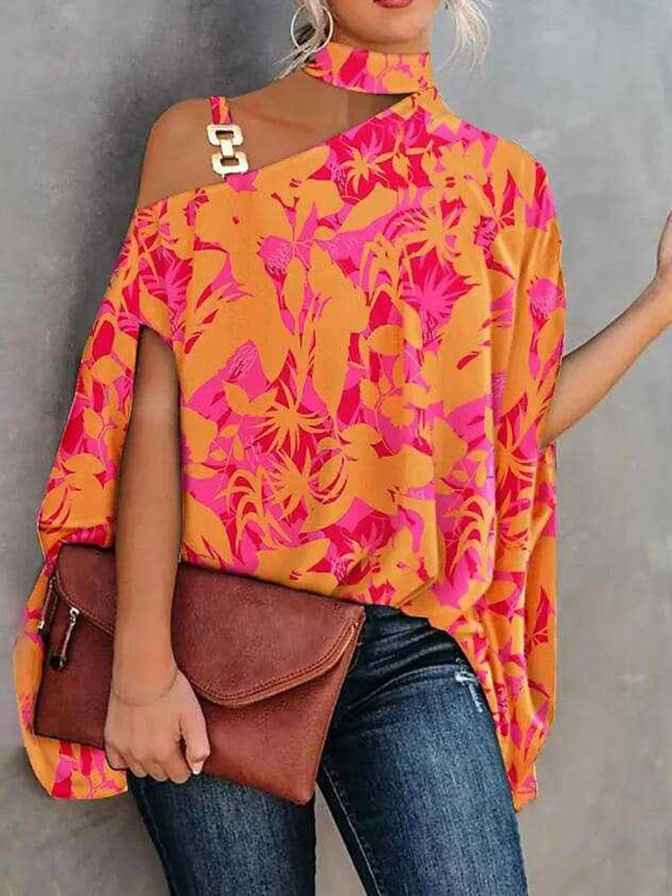 Mujer hebilla de Metal fuera del hombro corto Batswing estampado Floral geométrico blusa suelta Tops verano señora OL blusa camisas