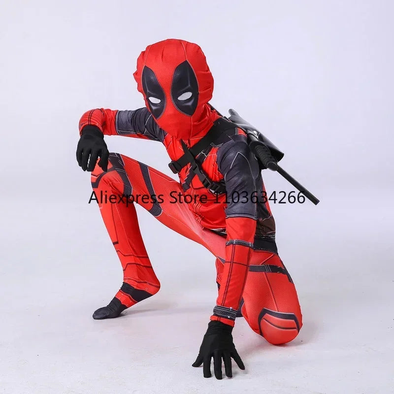 Adult Deadpool Costume Men Women Kids Cosplay Mask Suit Jumpsuit Backpack Knife Accessories Superhero Halloween Costume Child