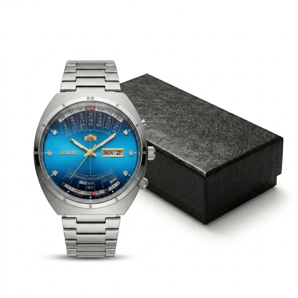 Relógio masculino automático vintage com calendário perpetuo em aço inoxidável