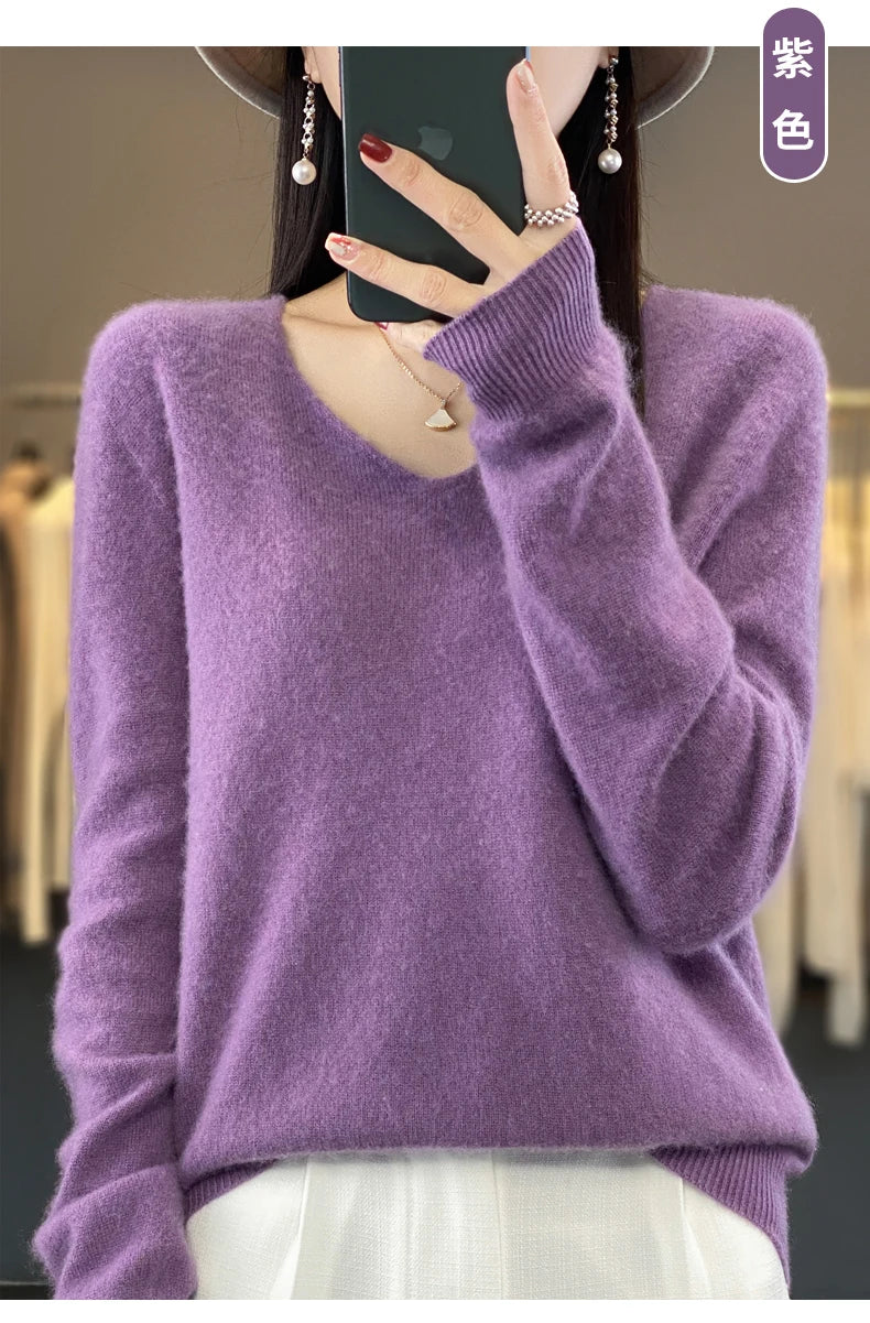 Suéter básico de otoño-invierno 2024 para mujer, 100 % lana merino, cuello en V, tejido de punto liso, jersey de oficina para mujer, manga larga, cachemir.