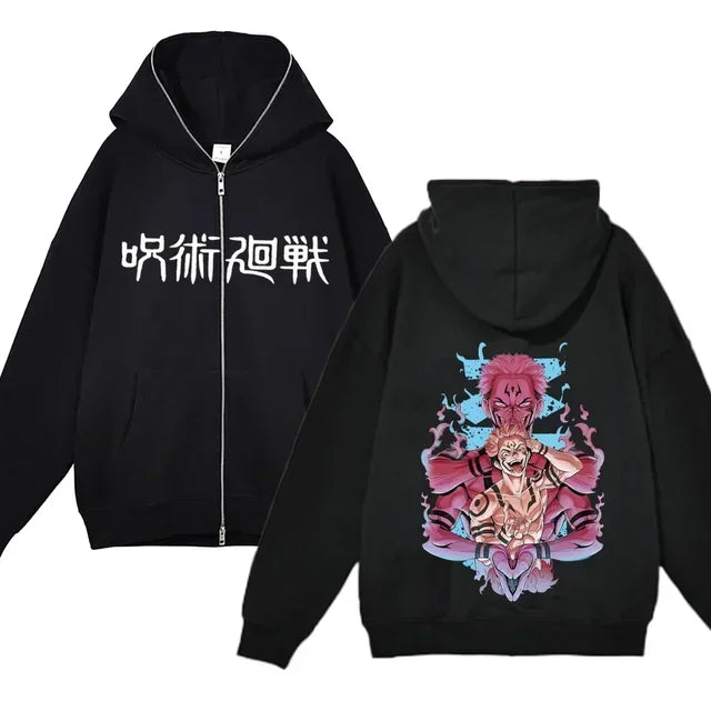 Chaquetas con cremallera de Anime Gojo Satoru, sudadera con capucha de forro polar fino, sudaderas con cremallera Y2K, Jujutsu Kaisen 