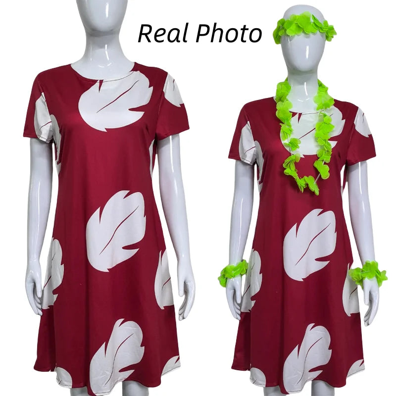 Lilo Cosplay Costume Pelekai Red Lilo Dress with Hawaiian Leaf Flower Leis Accessories Flower Hair Clip Halloween Party Cosplay