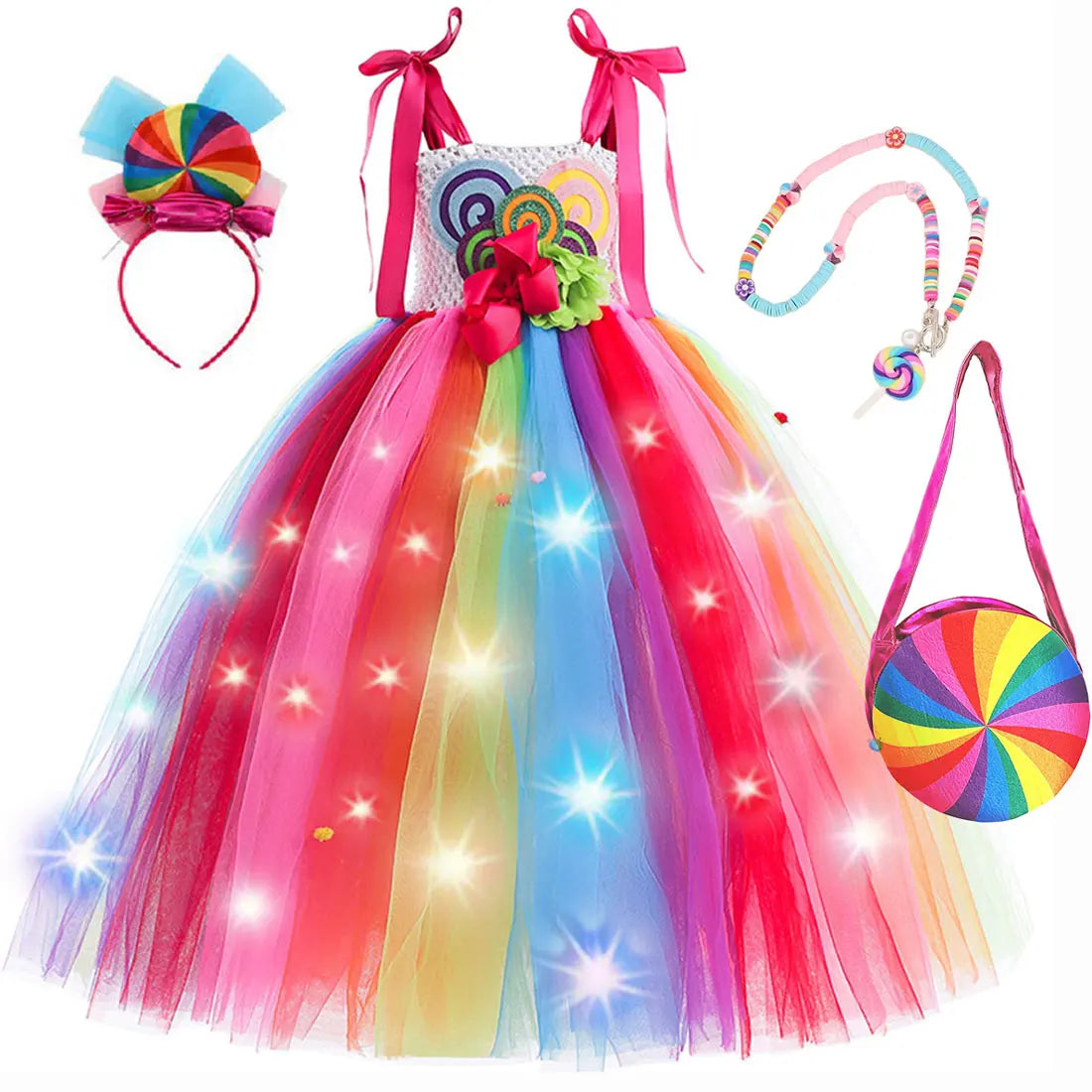 Halloween Carnival Costume Child Lollipop Apparel  Purim Kids Nice Tutu With Colored LED Puffy Candy Princess Ball Gown Dress