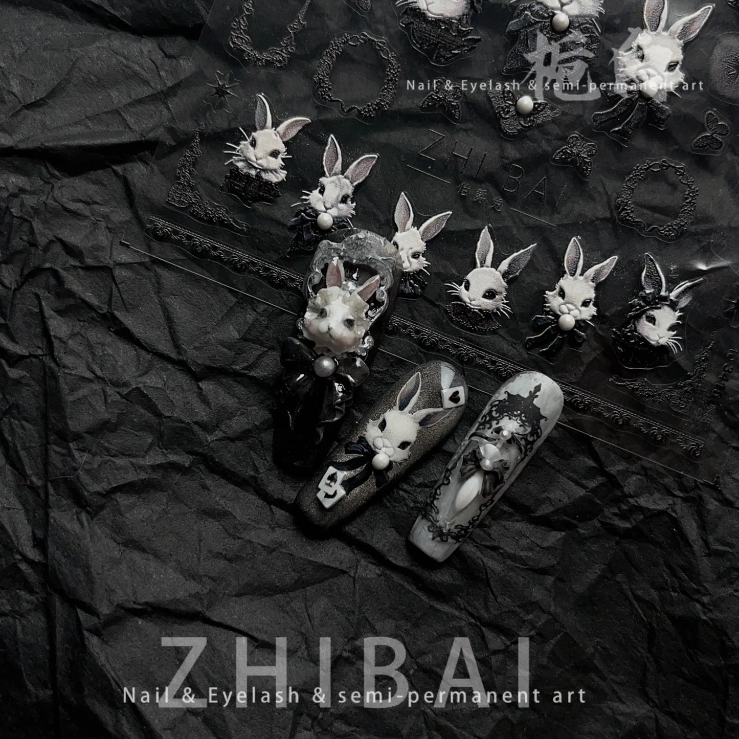 Japanese Punk Style Black Rabbit & Dark Butterfly Nail Stickers 5D Pearl Nail Art Decal Design Manicure Tool High Quality