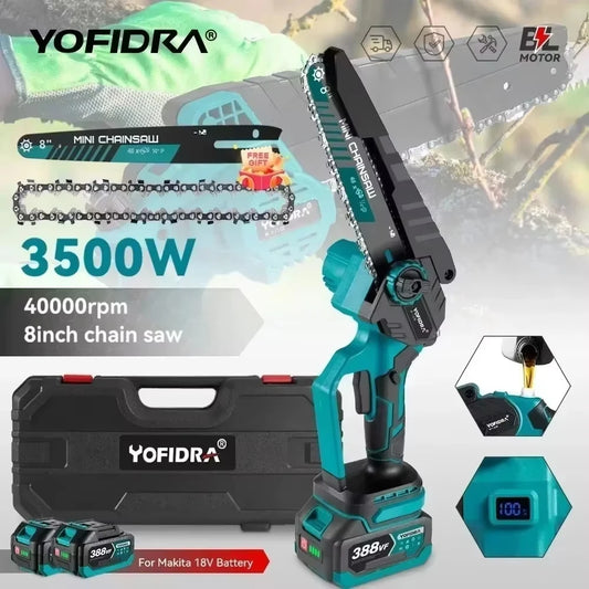 YOFIDRA Sierra de podar eléctrica sin escobillas de 8 pulgadas, motosierra inalámbrica, sierra de carpintería recargable, herramienta eléctrica para batería Makita de 18 V