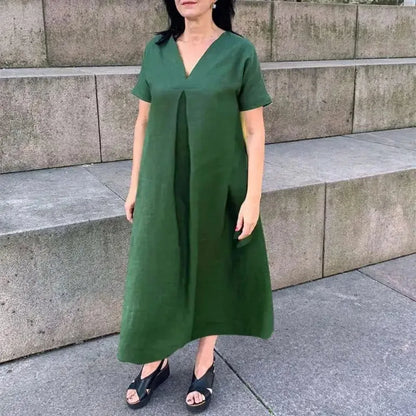 Vestido de manga curta de algodão e cânhamo feminino, decote em v, monocromático, casual, solto, grande, primavera, verão, moda, plus size, L a 5XL