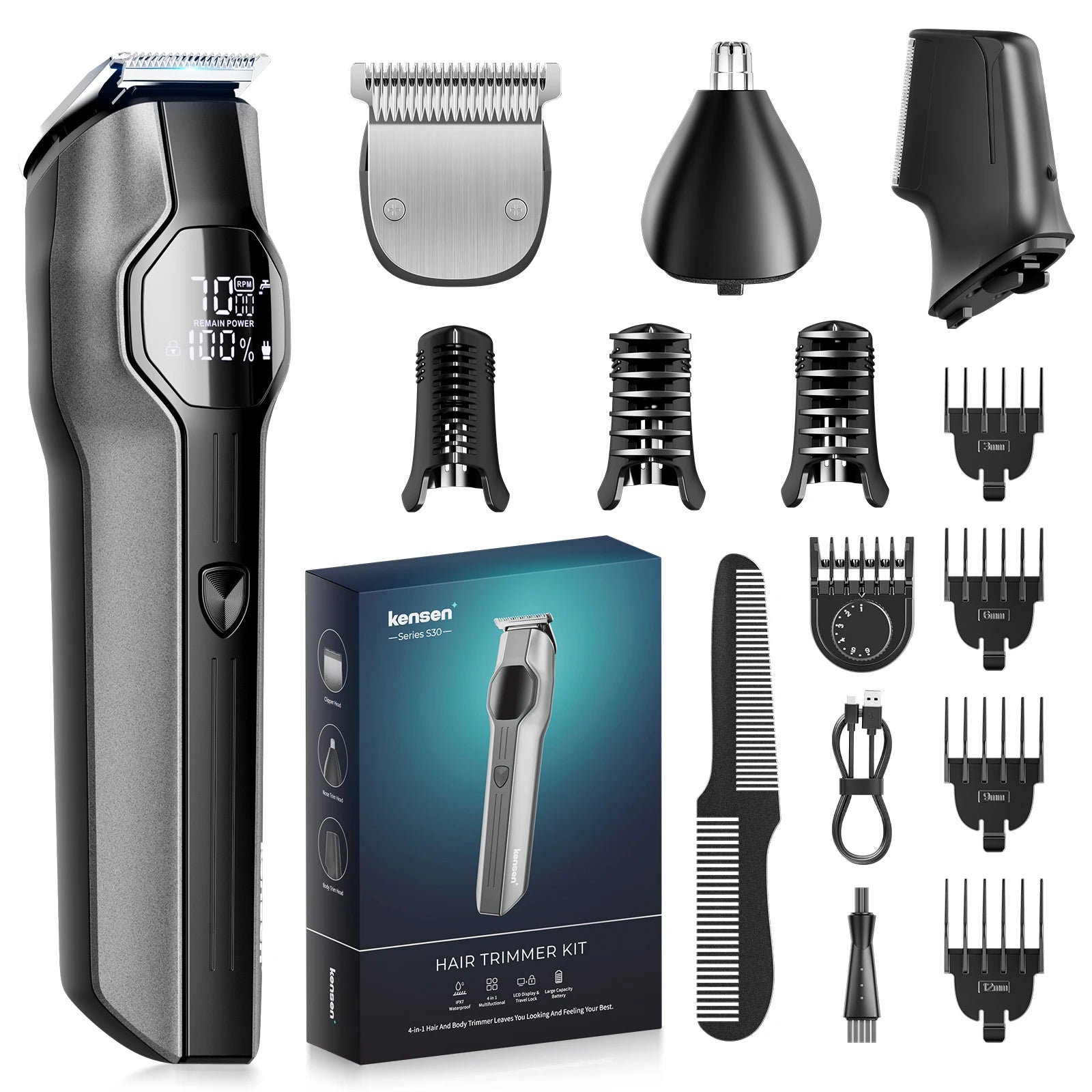 Kensen S30 4-in-1 Cordless Hair Clipper LED Display Men's Beard/Nose Trimmer Rechargeable Barber Grooming Kit Hair Cutting Machine