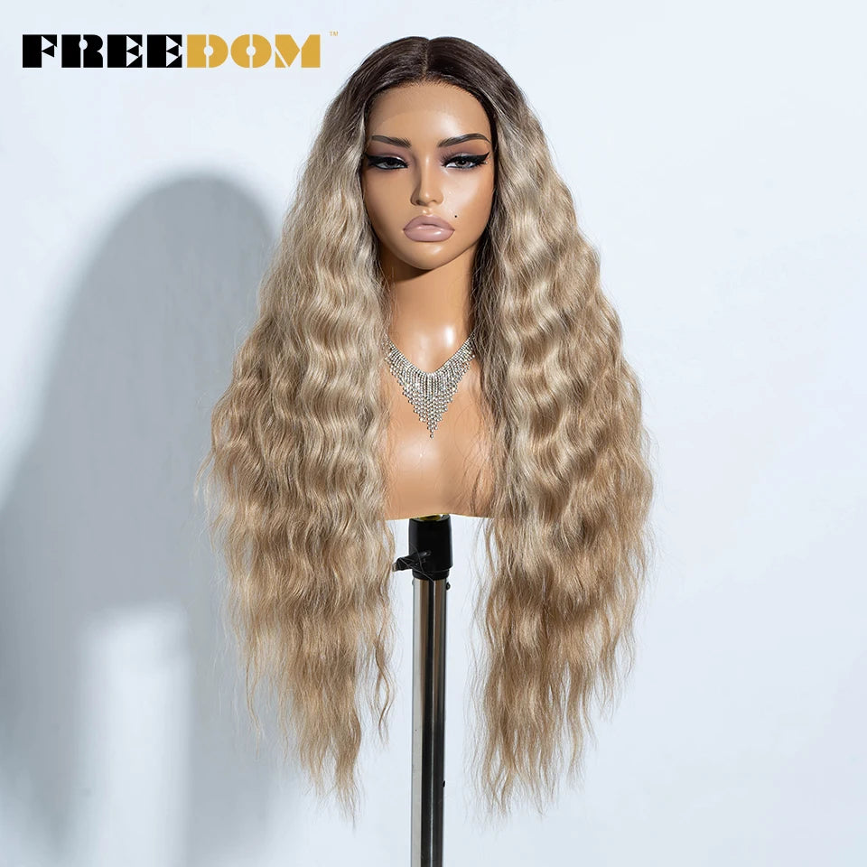 FREEDOM Synthetic Lace Front Wig Long Deep Wavy Ombre Blonde Ginger Lace Wigs For Black Women Heat Resistant Cosplay Wigs