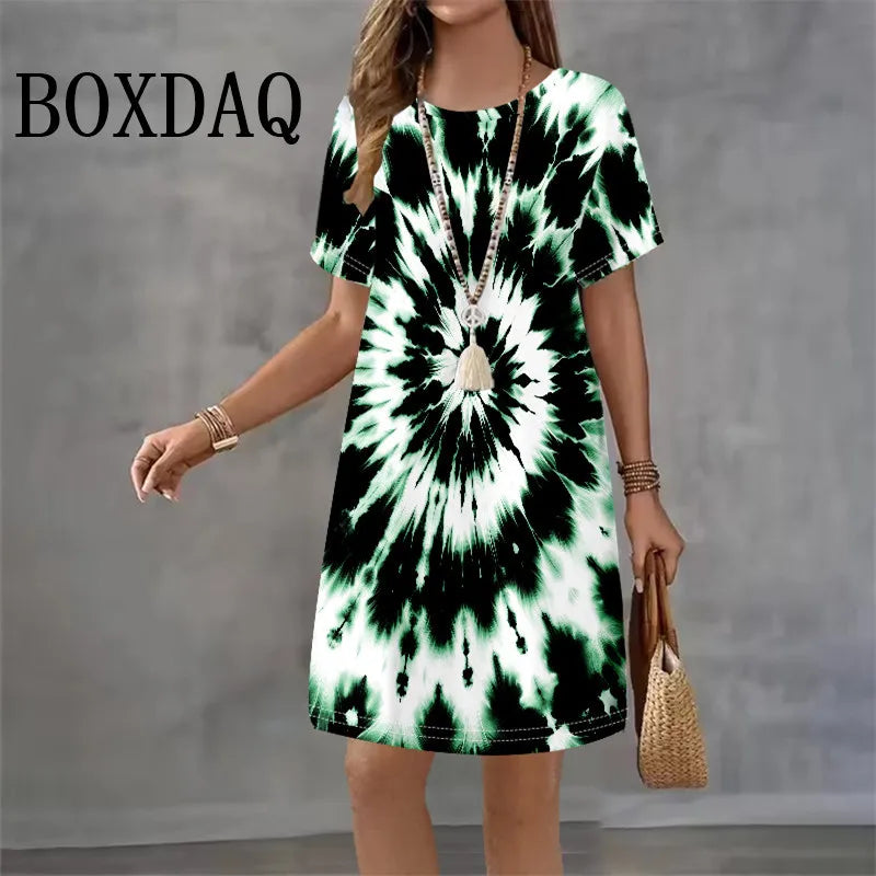 Tie Dye Abstract Print Dresses For Women 2025 Summer Dress Plus Size Casual Short Sleeve Loose Mini Dress 9XL Big Size Clothing