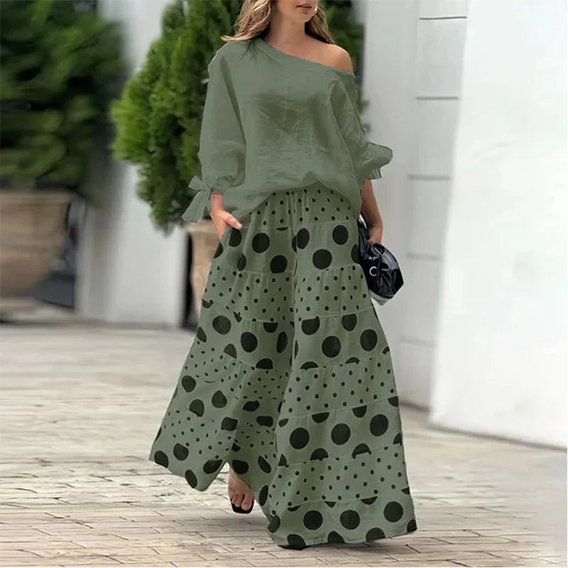 Traje elegante de otoño con estampado de moda para mujer, dos piezas, informal, de un solo cuello, hombros descubiertos, manga larga, color liso, top holgado, culotte
