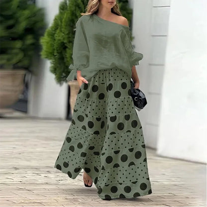 Autumn Elegant Fashion Print Women's Suit Two-piece Casual One-Neck Off-Shoulder Long-Sleeve Solid Color Top Loose Culottes Suit