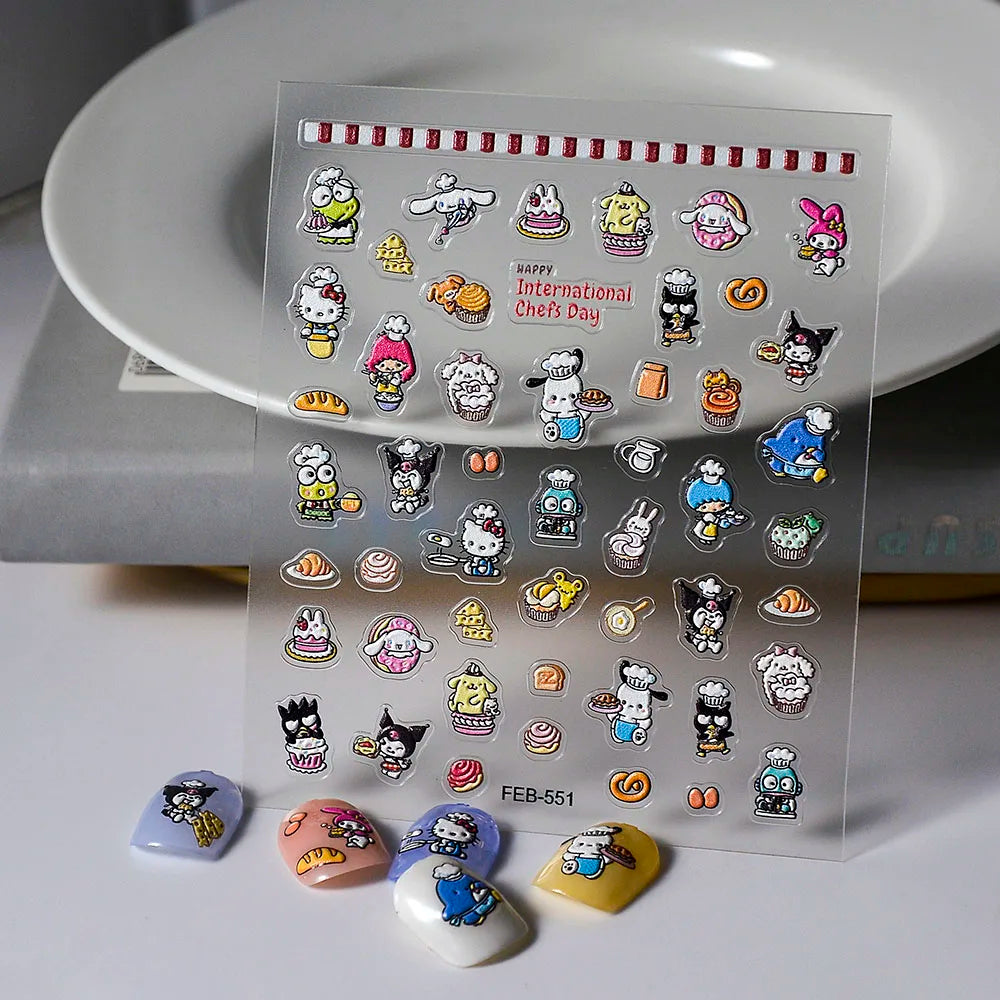 Sanrio Anime 5D Nail Stickers Hello Kitty Kurome Cartoon Stickers Nail Decoration Cute Melody Nail Art Decals Nail Art Supplies