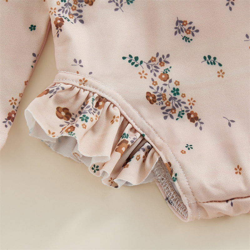 Kids Baby Girl Summer Swimwear Floral Print Backless Ruffles Long Sleeve Bodysuit Bathing Suit Girls Beachwear 0-4 Years