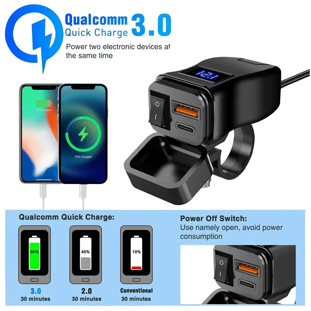 Pd duplo qc3.0 carregamento rápido carregador usb da motocicleta com voltímetro termômetro display digital tomada do carregador do telefone móvel