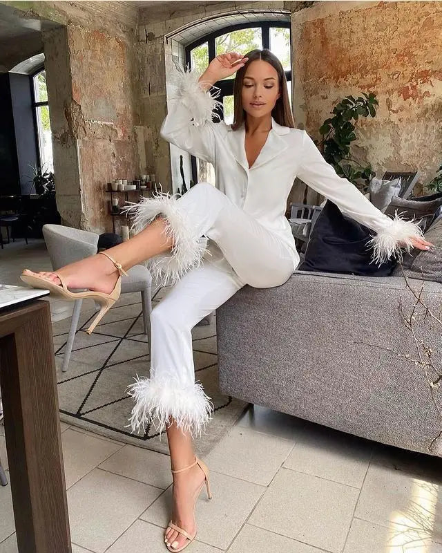 Women's Solid Color Suit Lapel Top Feather Pants Two-Piece Pajama Set 2024