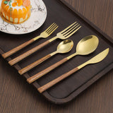 Juego de cubiertos con mango de madera de imitación de acero inoxidable, abrazadera para vajilla occidental, cuchillo, tenedor, cuchara de té, 30 Uds.