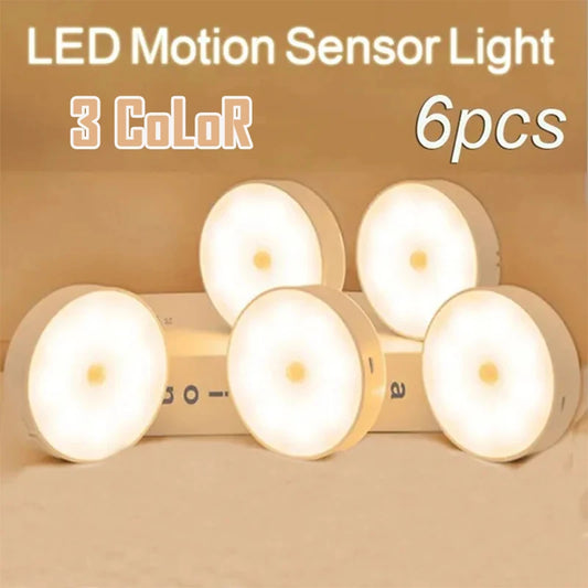Kit com 2 a 6 unidades de Luz Noturna LED com Sensor de Movimento, Recarregável via USB, 3 Cores de Luz – Ideal para Armários, Guarda-roupas, Escadas e Closets (Sem Fio)