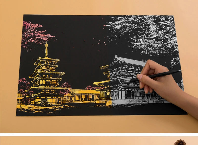 2 Sheets Scratch Paper Art Kit DIY Craft World Landmarks Animals City Scene Stylus Drawing Toy Adult Stress Relief Creative Gift