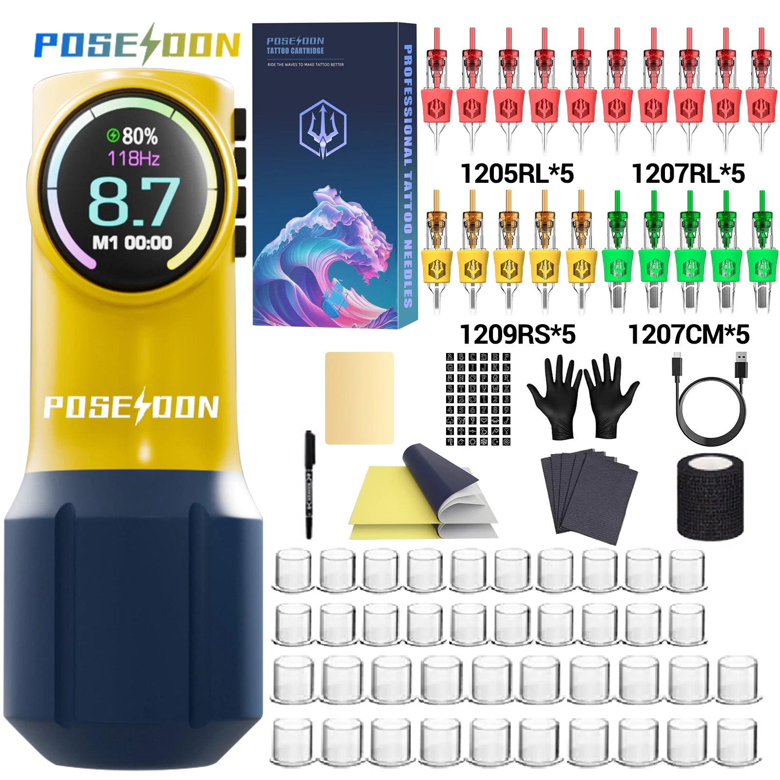 POSEIDON-Yellow Tattoo Gun Kit for Permanent Makeup, Machine, Pen, Power Supply, Hot, New