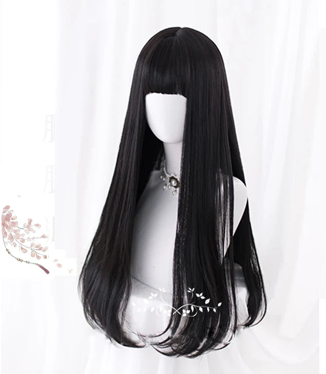 AS Long Straight Black Synthetic Wig For Women With Bangs Black Cosplay Lolita Wigs Heat Resistant Natural Hair