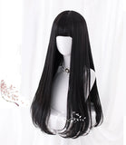 AS Long Straight Black Synthetic Wig For Women With Bangs Black Cosplay Lolita Wigs Heat Resistant Natural Hair