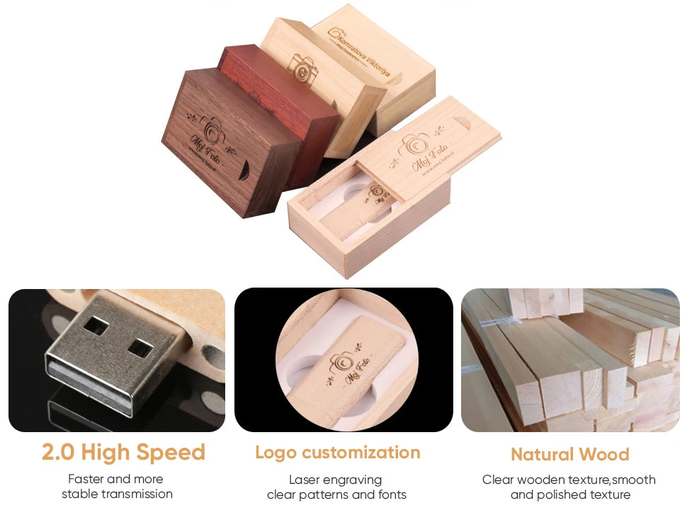 Wooden USB Flash Drive 10PCS/LOT Pen Drive 4GB 8GB 16G 128G Wedding Gift Memory Stick Box U Disk Free Custom LOGO Pen drive 64gb