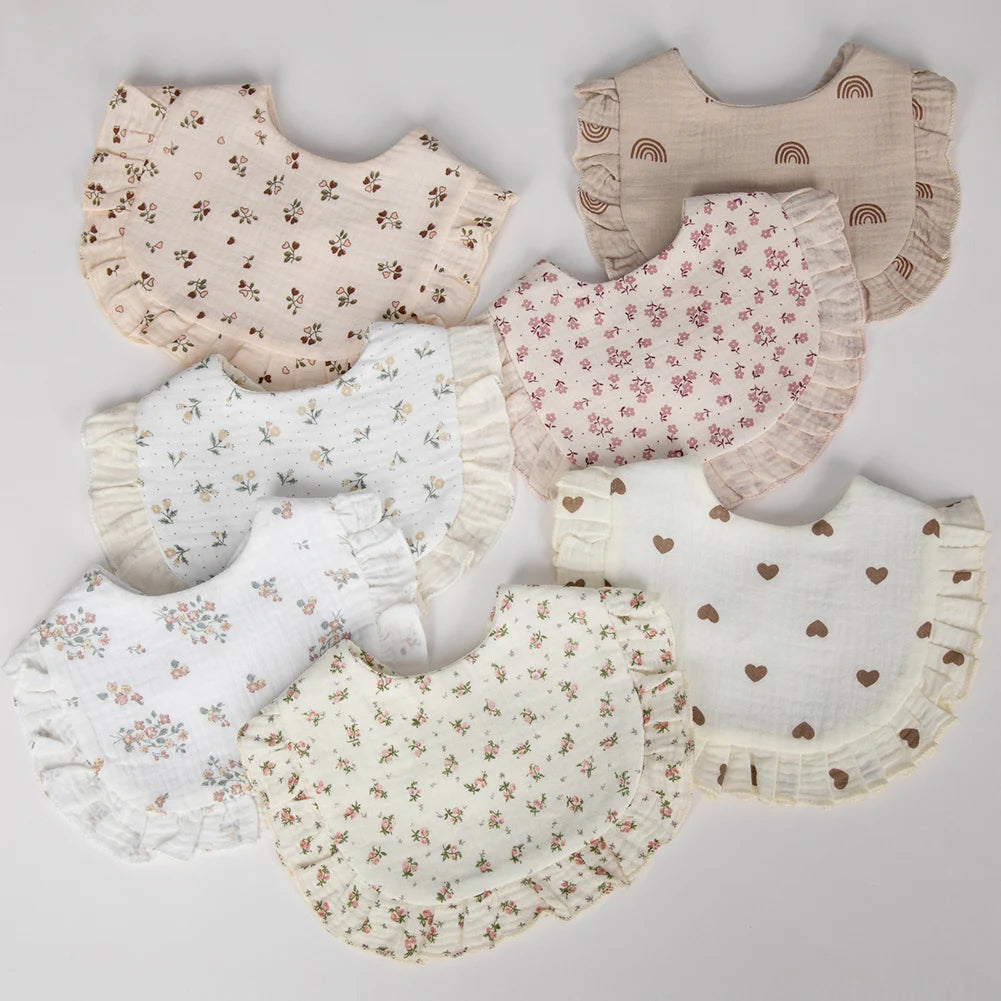 Flower Print Baby Bibs Adjustable Snap Saliva Towel Ruffled Edge Muslin Cotton Burp Cloths Rainbow A Grade Girls Feeding Scarf