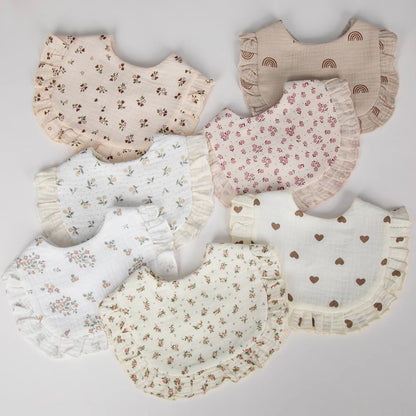 Flower Print Baby Bibs Adjustable Snap Saliva Towel Ruffled Edge Muslin Cotton Burp Cloths Rainbow A Grade Girls Feeding Scarf