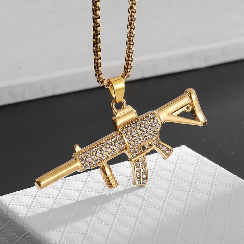Collar con colgante de circón con incrustaciones de rifle de asalto punk M416 para hombre, estilo hip hop rock, joyería moderna, regalo para niño 