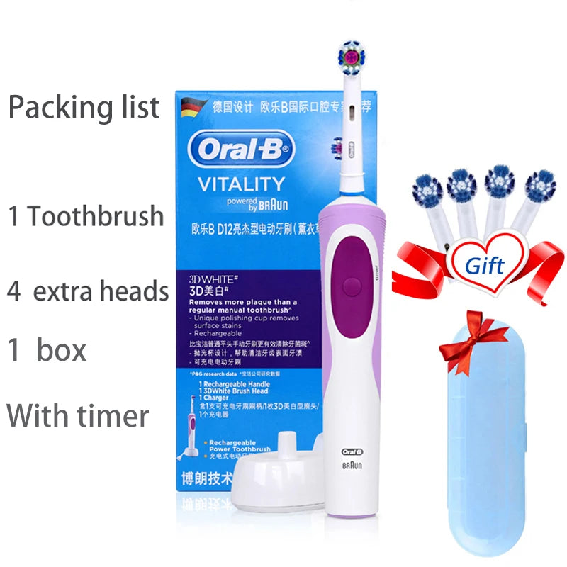 Cepillo de dientes eléctrico Oral B para adultos, recargable, con rotación, blanqueamiento 3D y cabezales de regalo.