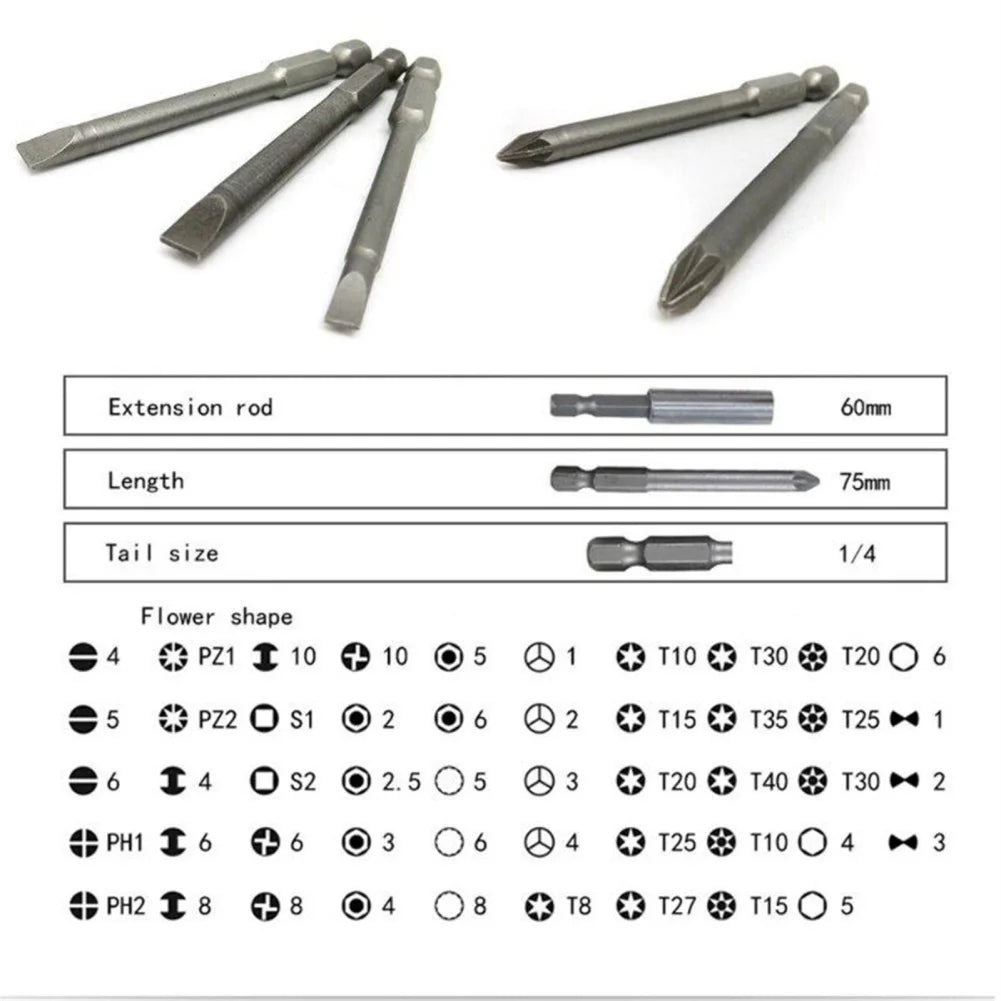 50pcs Magnetic Screwdriver Bit Set With Storage Box 75mm Ultra Long High Strength Chromium Vanadium Steel Drill Bits Set